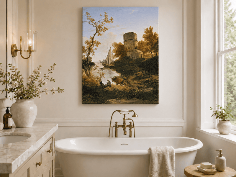 Landscape Oil Painting - Riverside Tower with Sailboat at Sunset