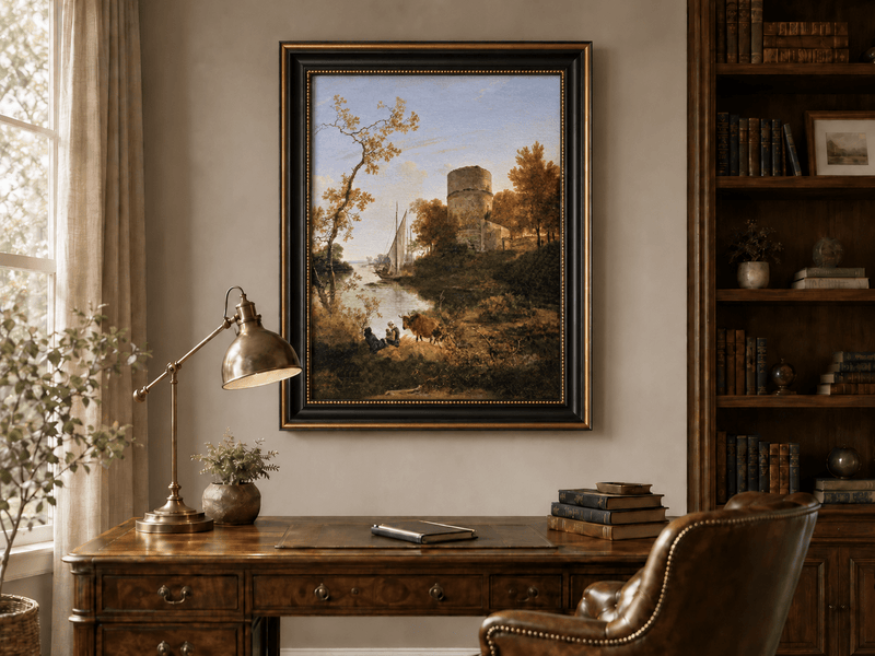 Landscape Oil Painting - Riverside Tower with Sailboat at Sunset