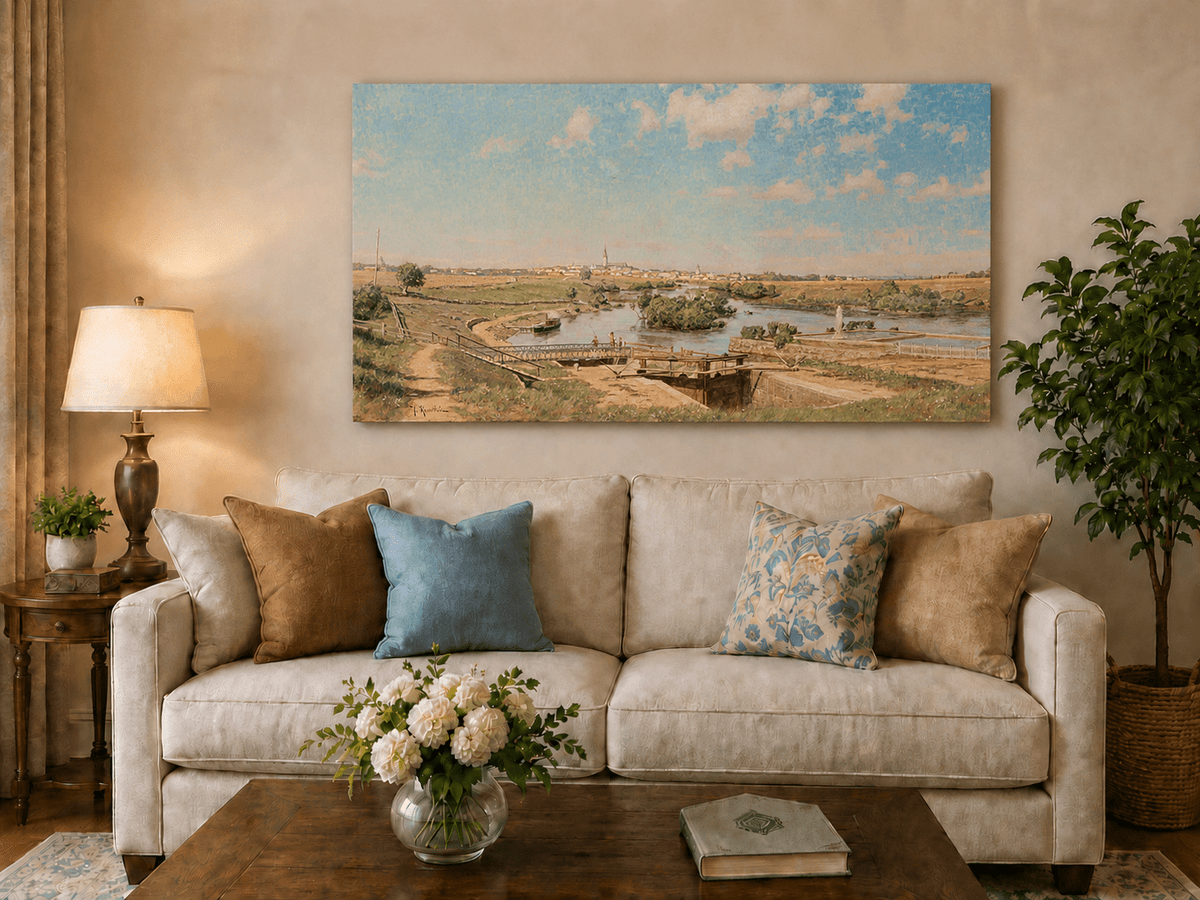 Landscape Oil Painting - Riverside Town Bridge & Meadows