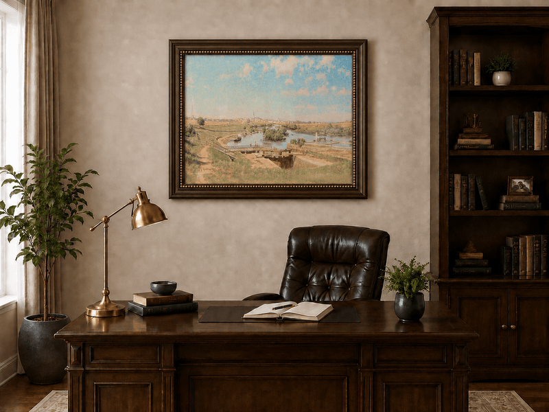 Landscape Oil Painting - Riverside Town Bridge & Meadows