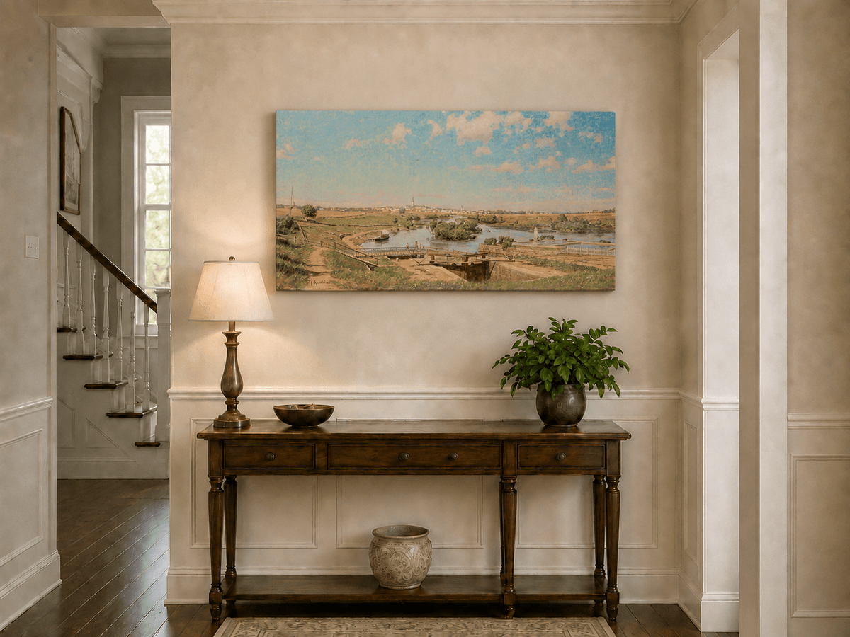 Landscape Oil Painting - Riverside Town Bridge & Meadows
