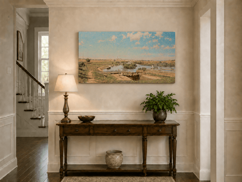 Landscape Oil Painting - Riverside Town Bridge & Meadows