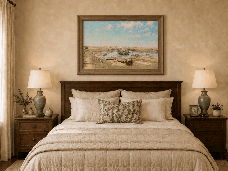 Landscape Oil Painting - Riverside Town Bridge & Meadows