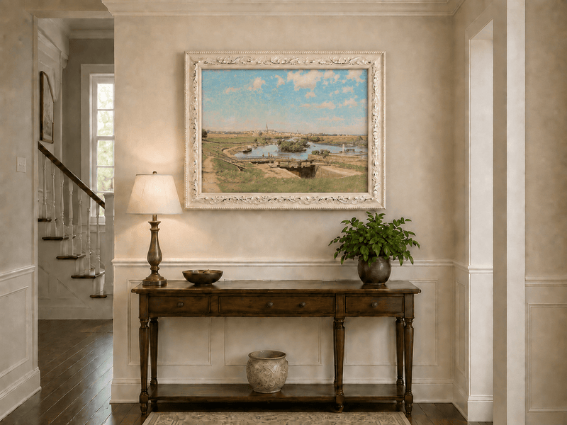 Landscape Oil Painting - Riverside Town Bridge & Meadows