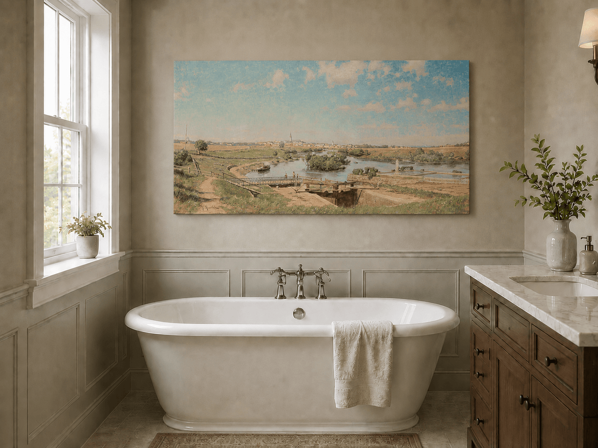 Landscape Oil Painting - Riverside Town Bridge & Meadows