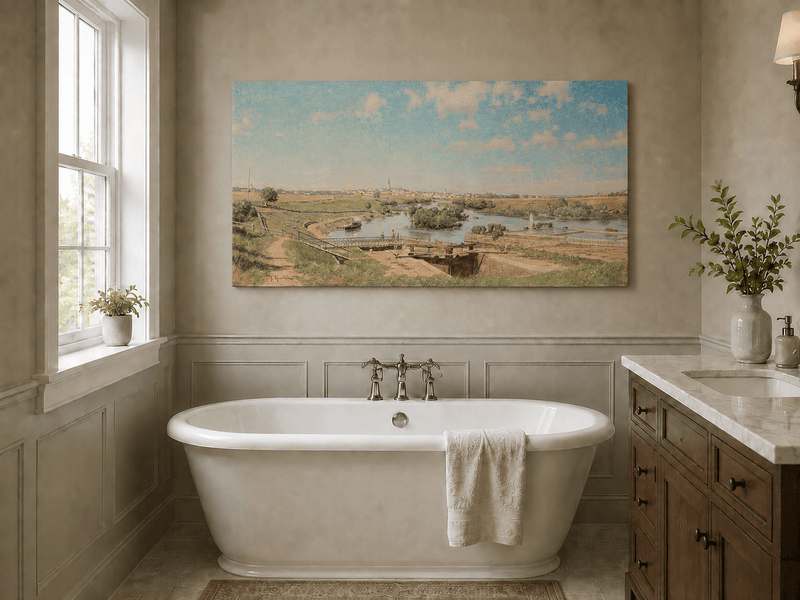Landscape Oil Painting - Riverside Town Bridge & Meadows
