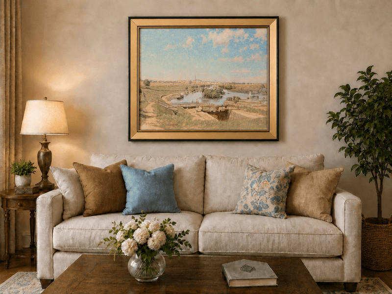Landscape Oil Painting - Riverside Town Bridge & Meadows