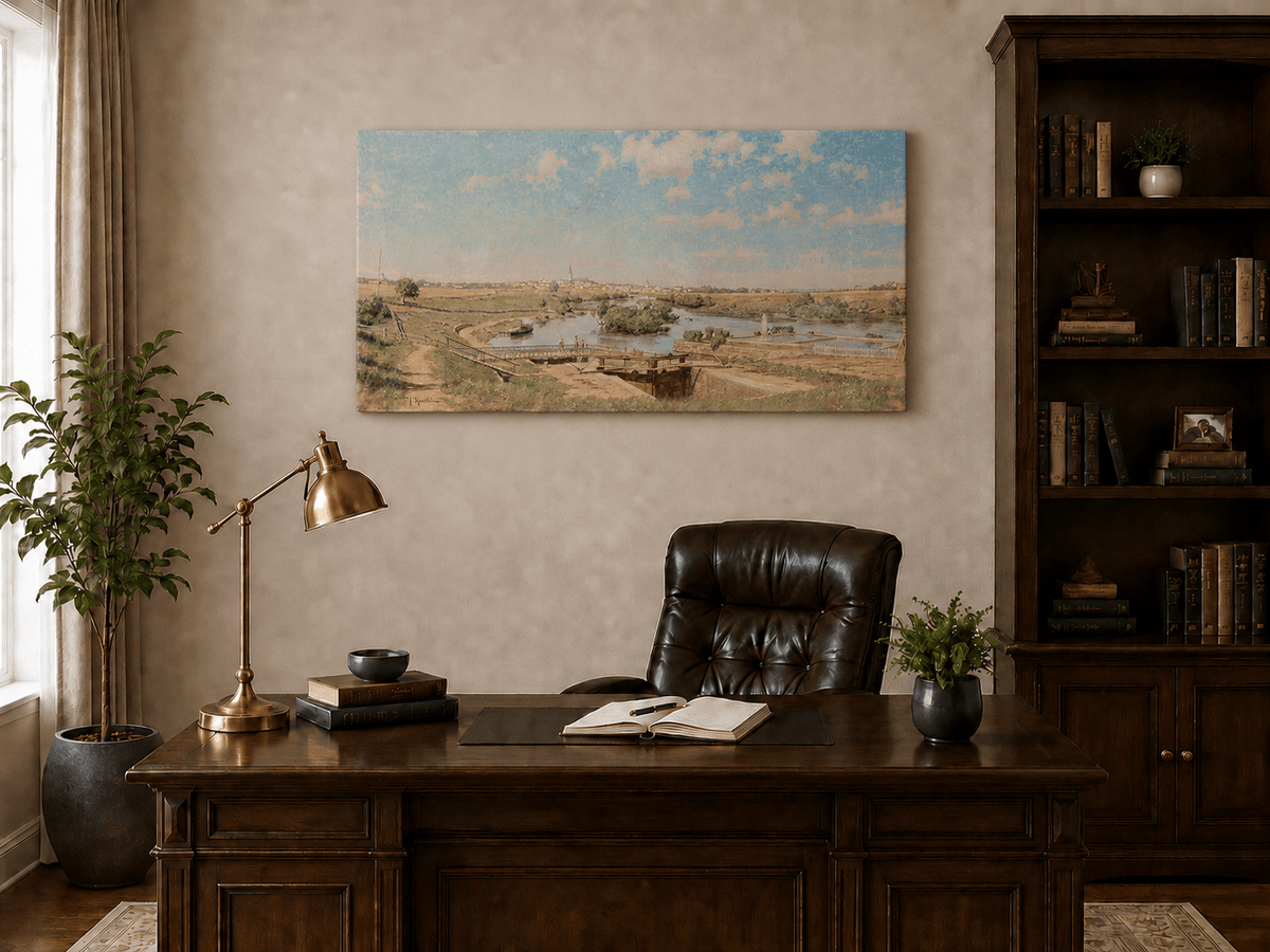 Landscape Oil Painting - Riverside Town Bridge & Meadows