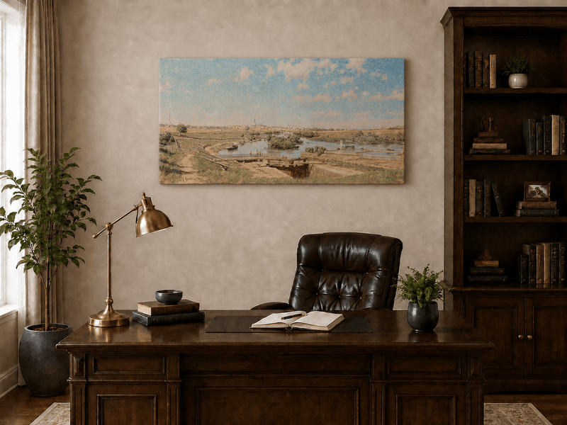 Landscape Oil Painting - Riverside Town Bridge & Meadows