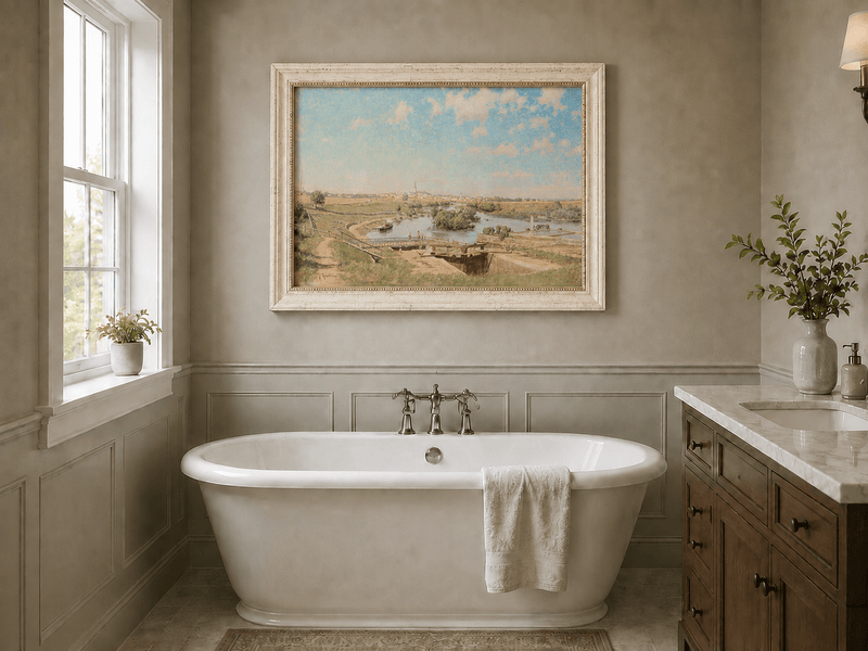 Landscape Oil Painting - Riverside Town Bridge & Meadows