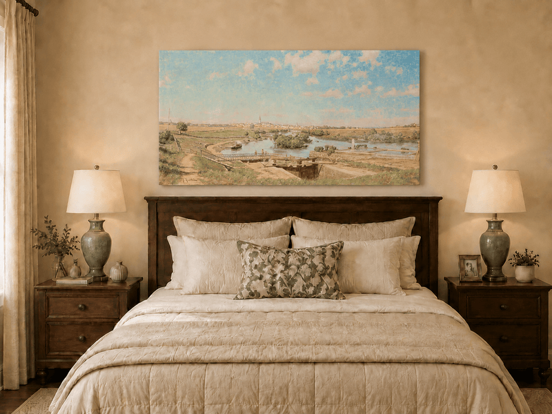 Landscape Oil Painting - Riverside Town Bridge & Meadows