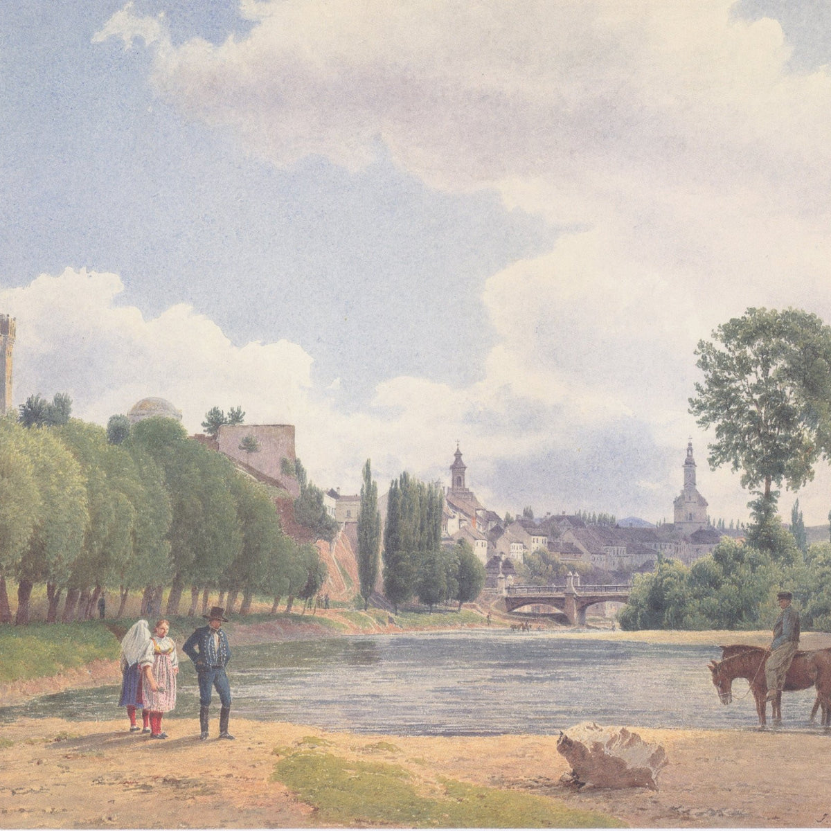 Hand-painted riverside town by the water with figures landscape oil painting on canvas