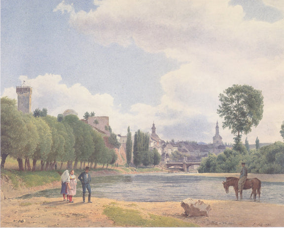 Hand-painted riverside town by the water with figures landscape oil painting on canvas