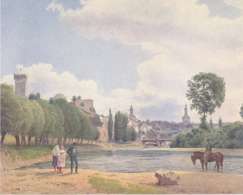 Hand-painted riverside town by the water with figures landscape oil painting on canvas