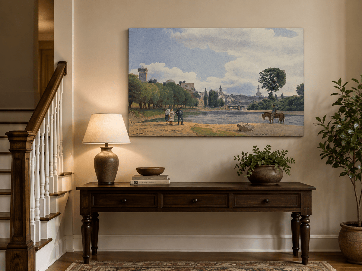 Landschaftsgemälde in Öl – Dramatische Felsschlucht mit Figuren