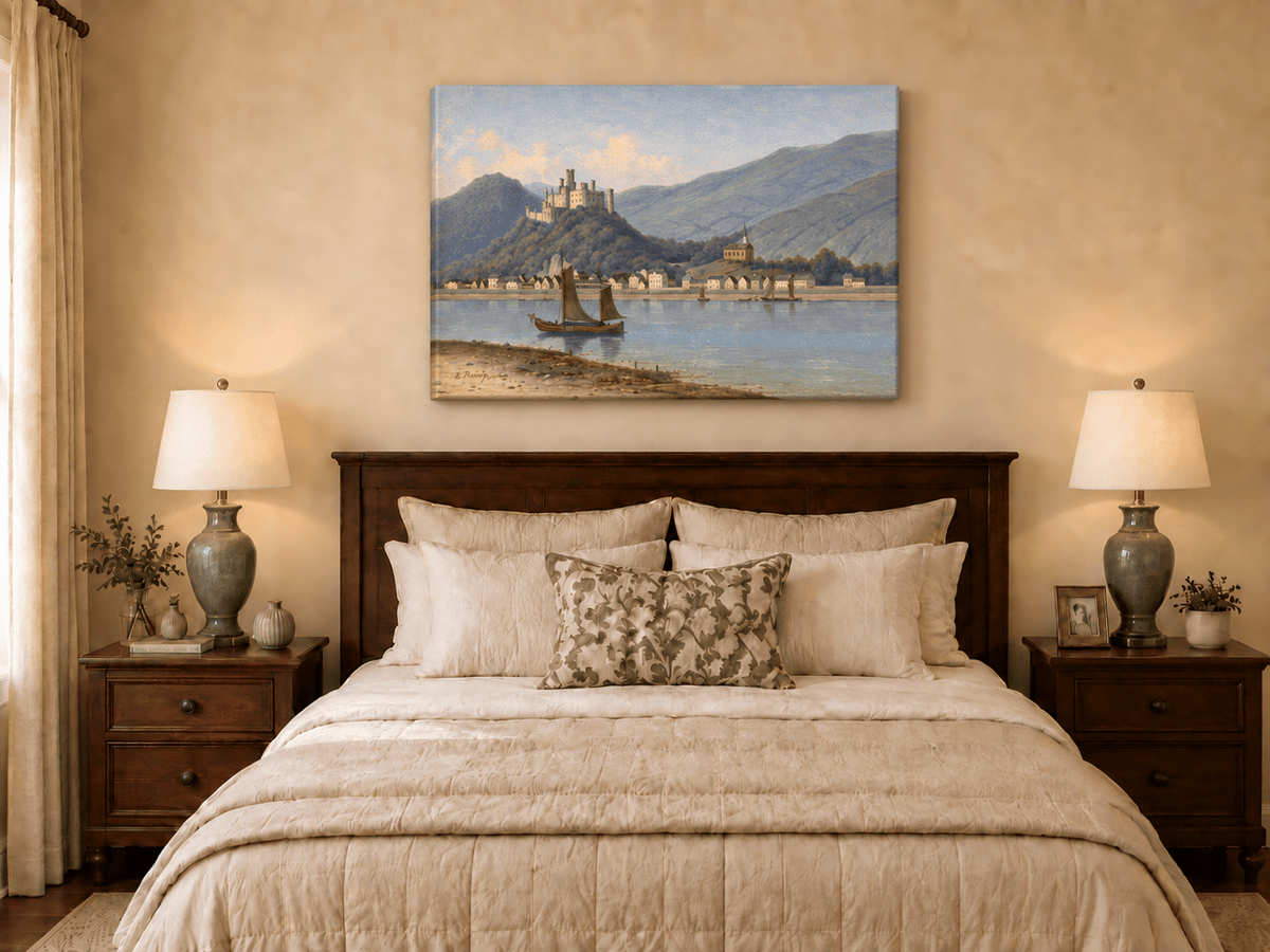 Peinture à l'huile de paysage - Ville et château au bord de la rivière