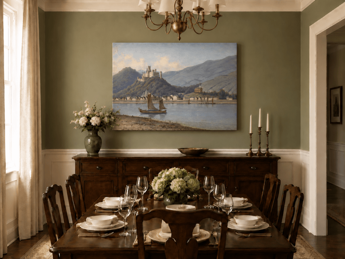 Peinture à l'huile de paysage - Ville et château au bord de la rivière