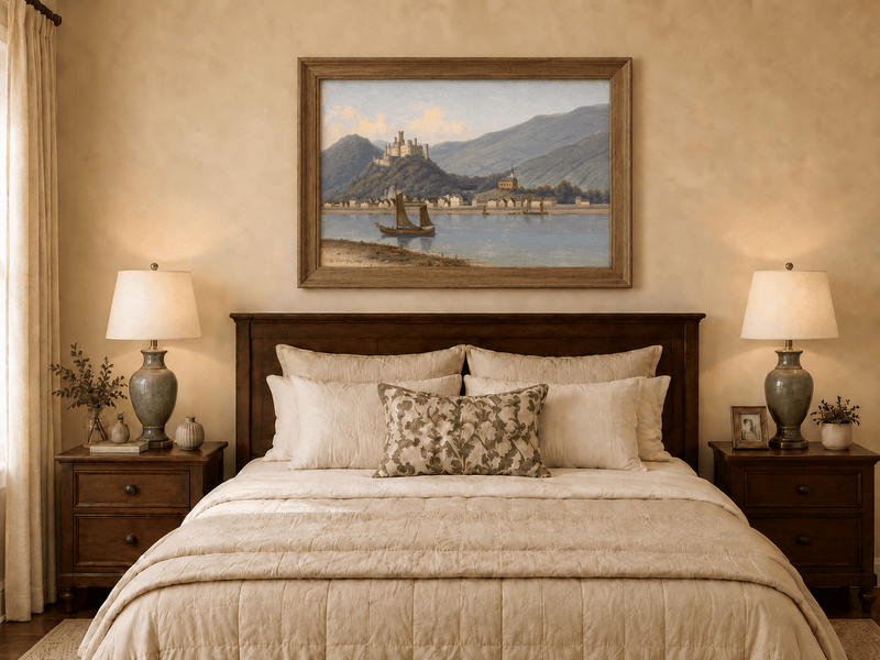 Peinture à l'huile de paysage - Ville et château au bord de la rivière