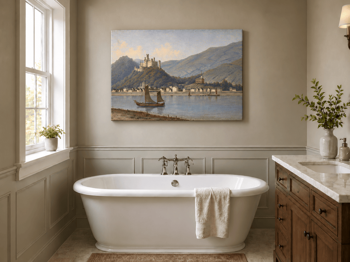 Peinture à l'huile de paysage - Ville et château au bord de la rivière