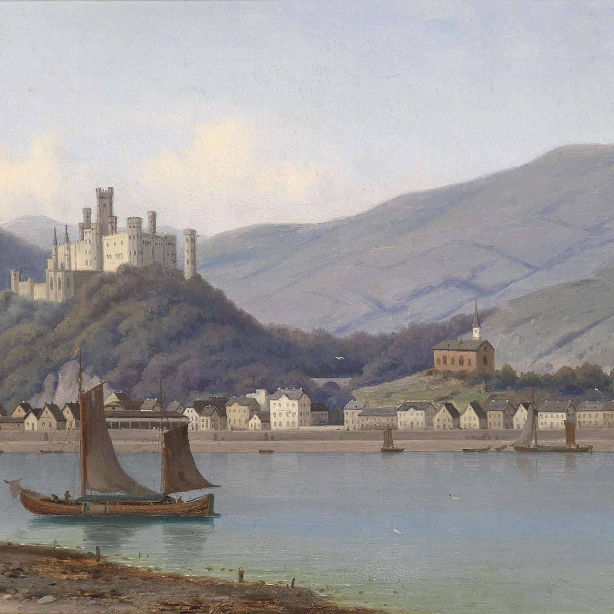 Landscape Oil Painting - Riverside Town & Castle,Sailboats, Church - Oil Painting Haven