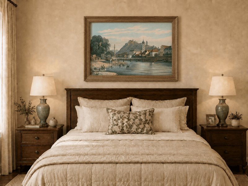 Landscape Oil Painting - Riverside Town View with Hilltop Castle