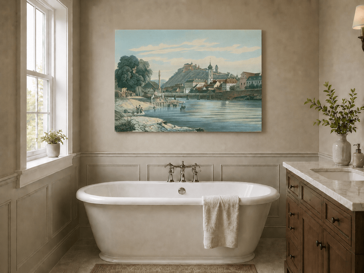 Landscape Oil Painting - Riverside Town View with Hilltop Castle