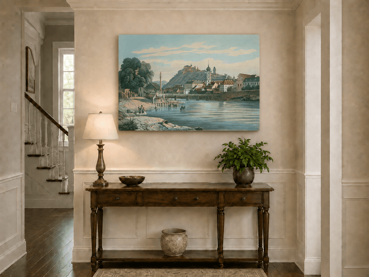 Landscape Oil Painting - Riverside Town View with Hilltop Castle