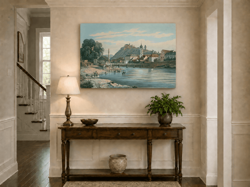 Landscape Oil Painting - Riverside Town View with Hilltop Castle