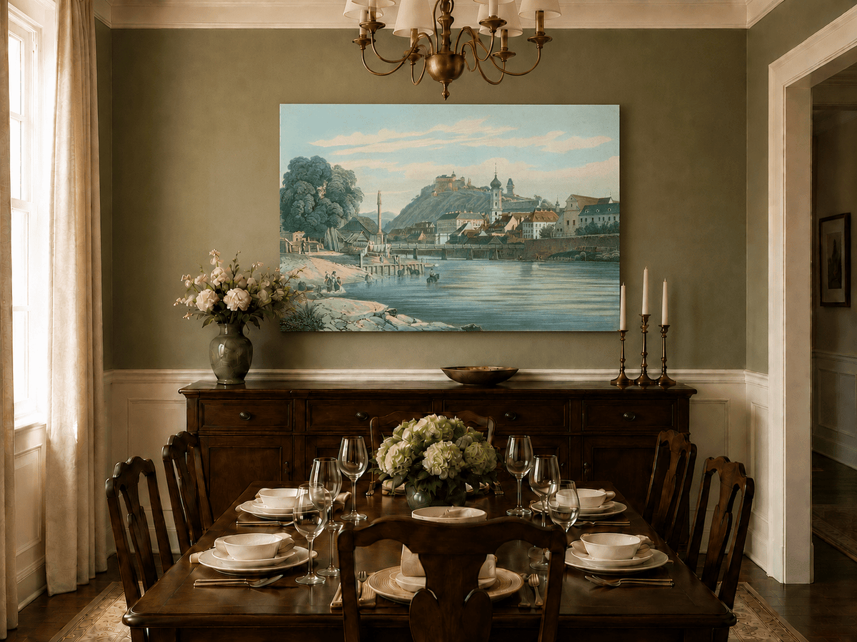 Landscape Oil Painting - Riverside Town View with Hilltop Castle