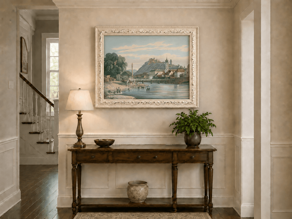 Landscape Oil Painting - Riverside Town View with Hilltop Castle