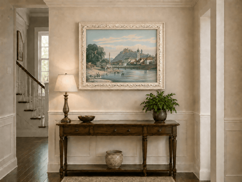 Landscape Oil Painting - Riverside Town View with Hilltop Castle