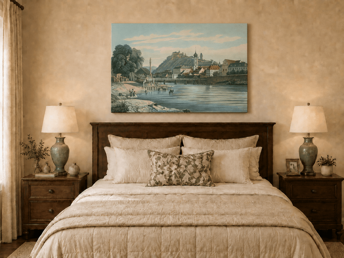 Landscape Oil Painting - Riverside Town View with Hilltop Castle