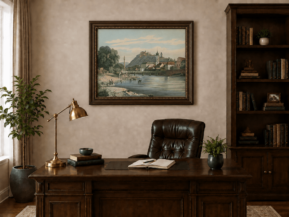 Landscape Oil Painting - Riverside Town View with Hilltop Castle