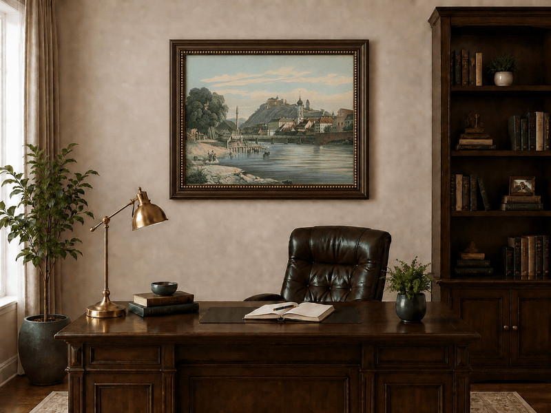 Landscape Oil Painting - Riverside Town View with Hilltop Castle