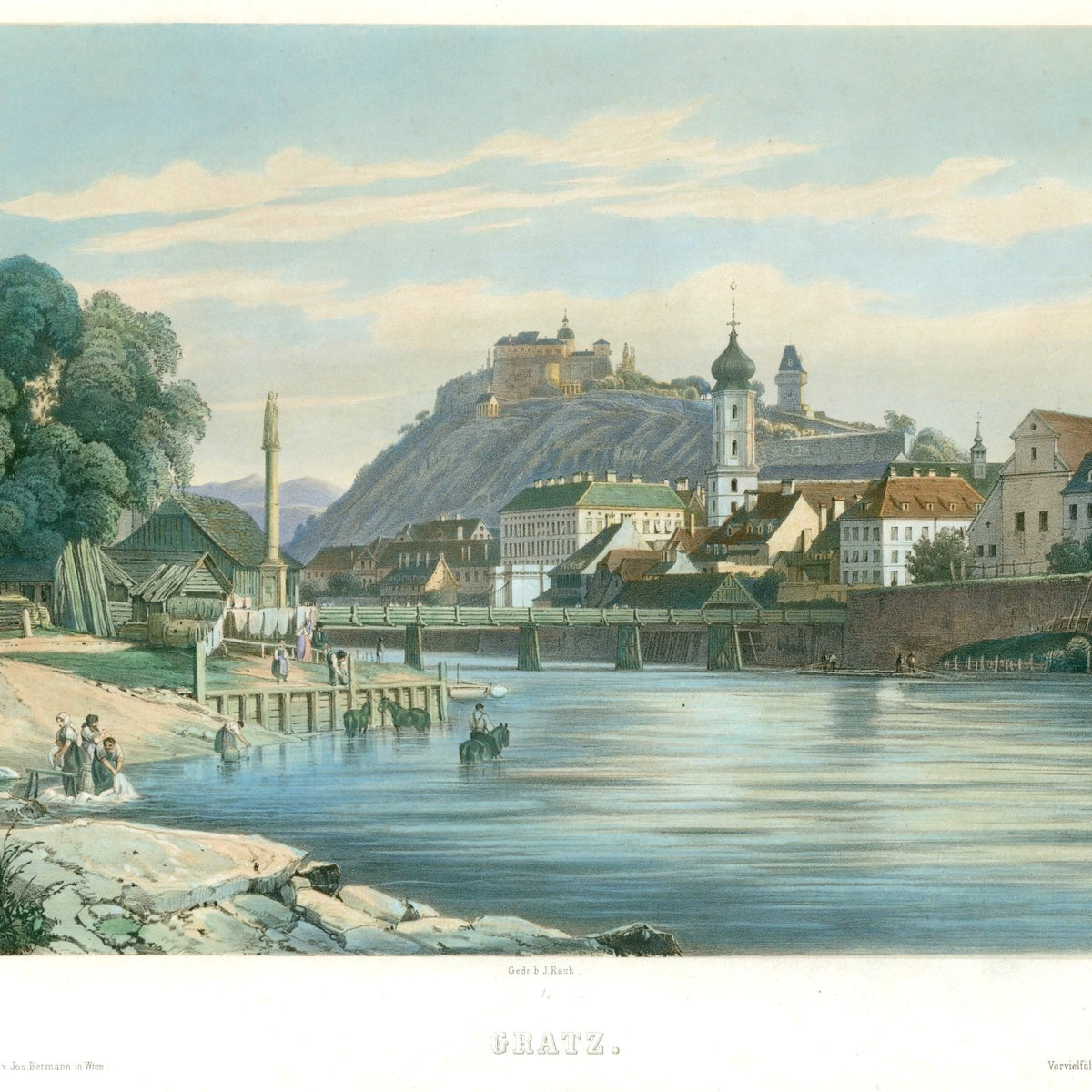 Hand-painted riverside town view with hilltop castle landscape oil painting on canvas