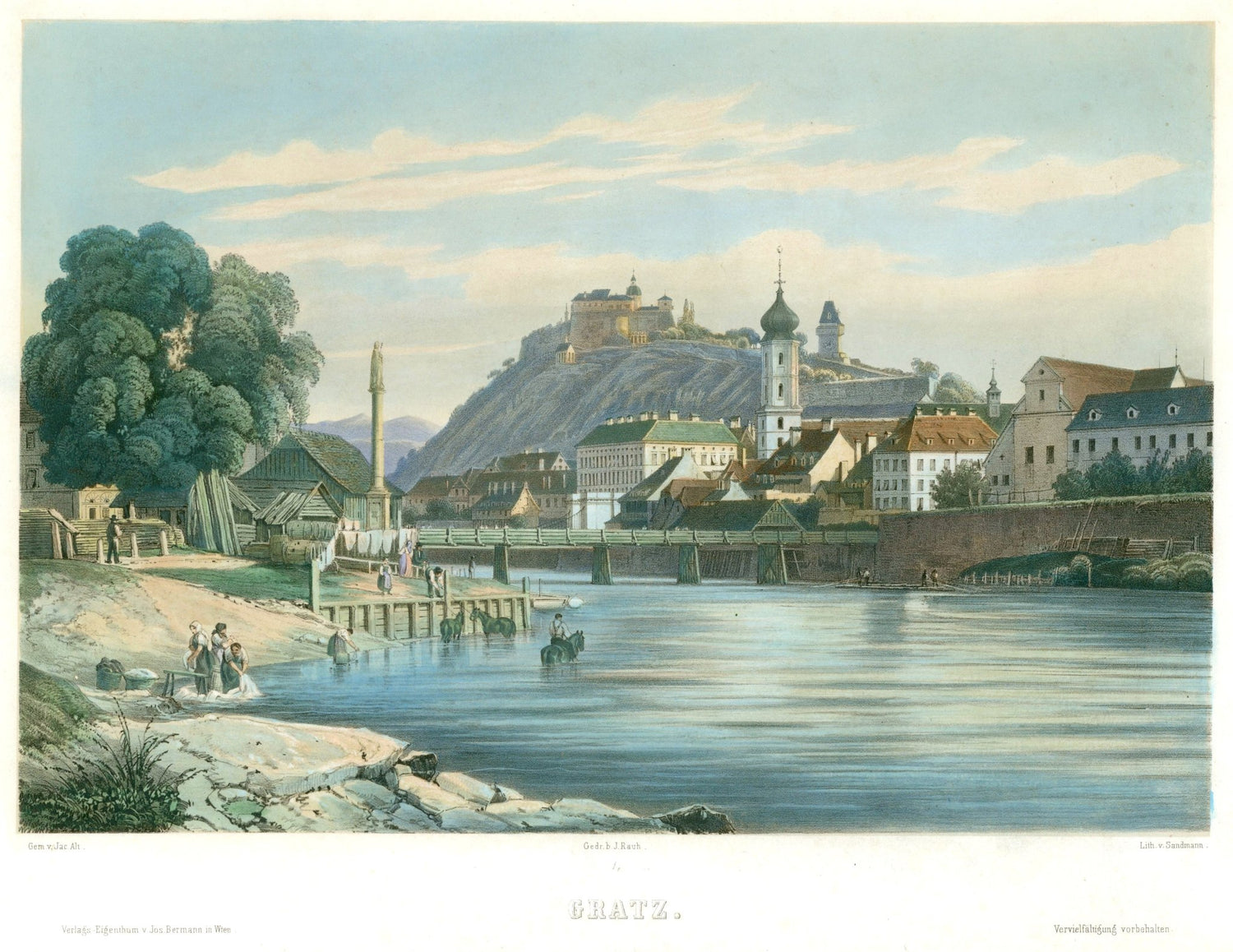 Hand-painted riverside town view with hilltop castle landscape oil painting on canvas