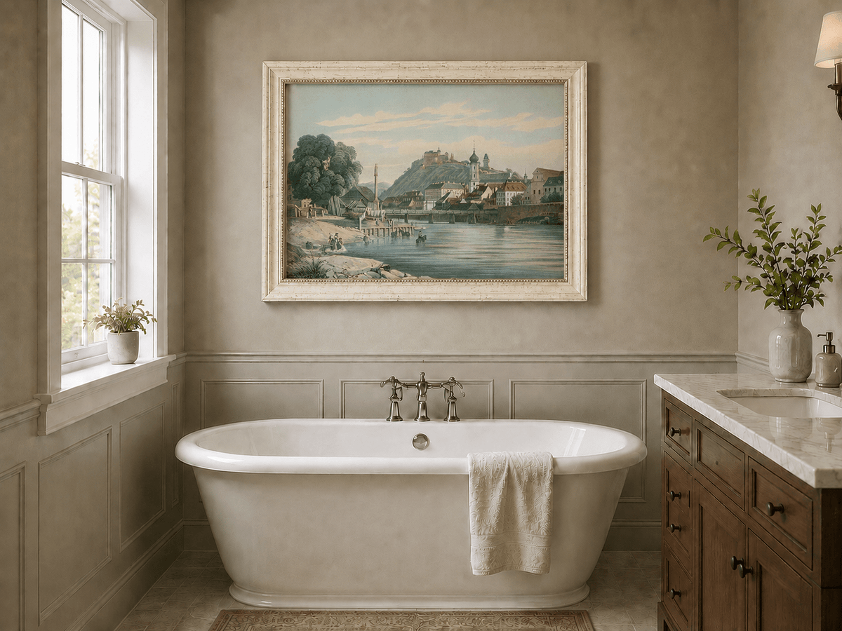 Landscape Oil Painting - Riverside Town View with Hilltop Castle