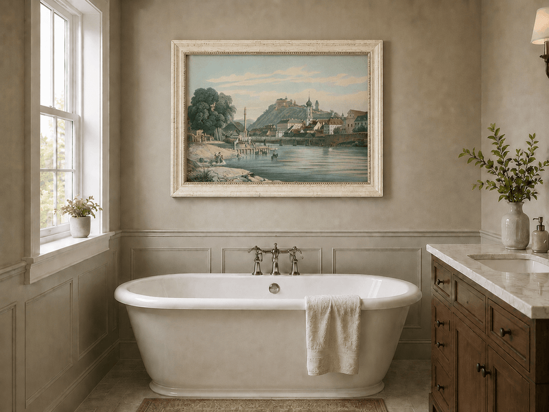 Landscape Oil Painting - Riverside Town View with Hilltop Castle
