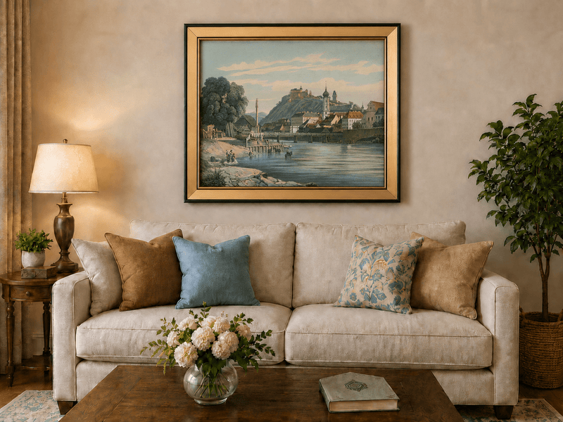 Landscape Oil Painting - Riverside Town View with Hilltop Castle