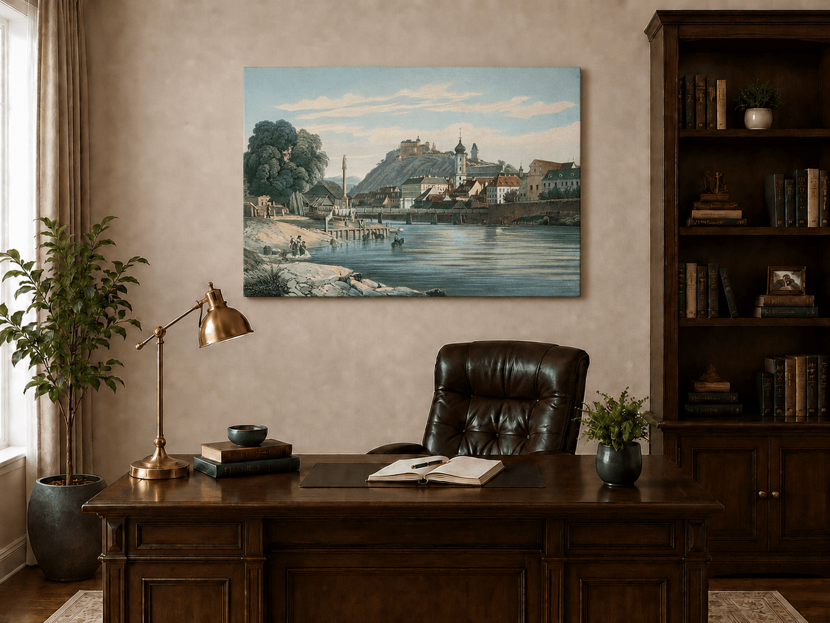 Landscape Oil Painting - Riverside Town View with Hilltop Castle