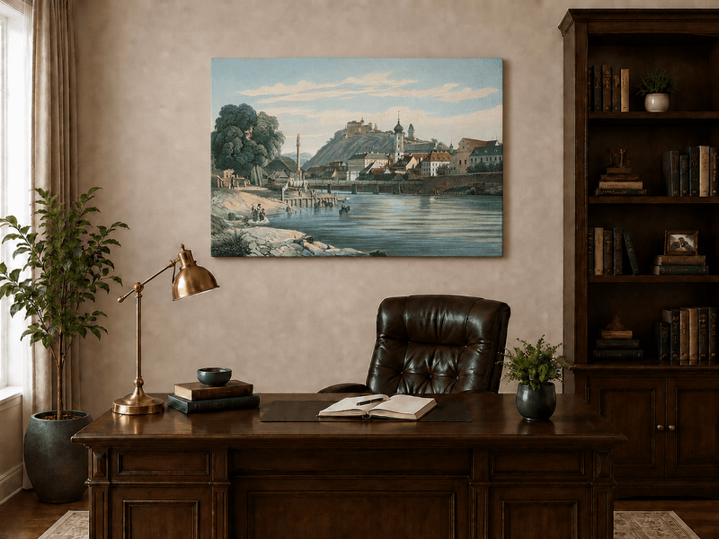 Landscape Oil Painting - Riverside Town View with Hilltop Castle