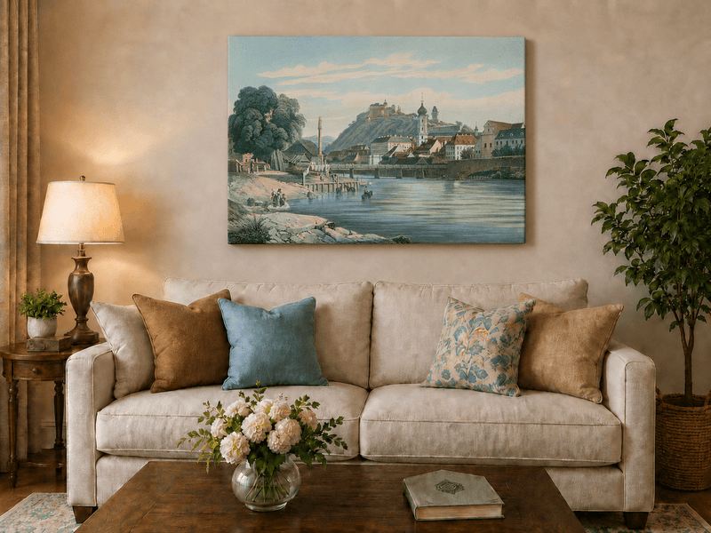 Landscape Oil Painting - Riverside Town View with Hilltop Castle