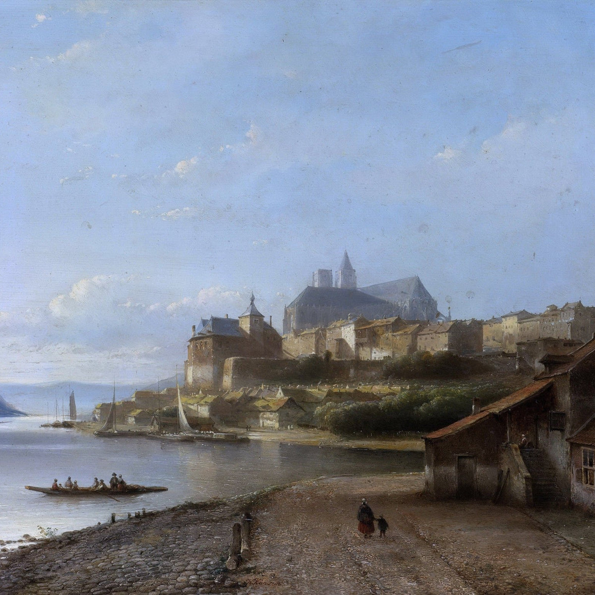 Hand-painted riverside town with boats at dawn landscape oil painting on canvas