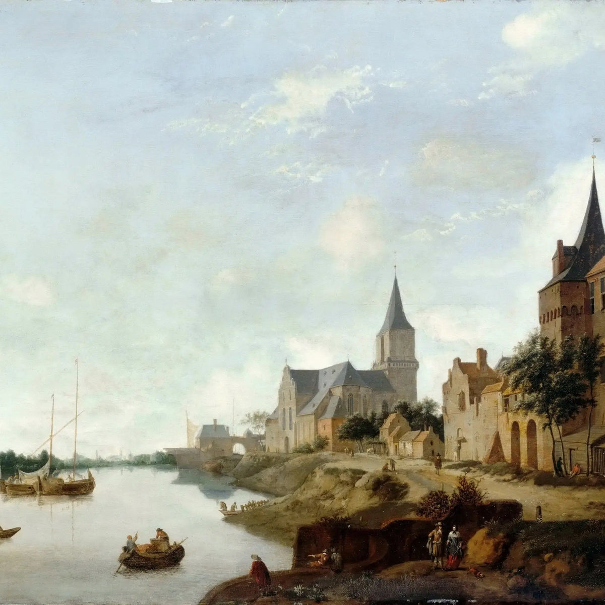 Landscape Oil Painting - Riverside Town with Boats & Historic Buildings - Oil Painting Haven