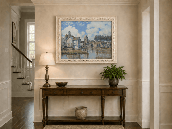 Riverside town, church and bridge hand-painted oil artwork shown as home wall decor.