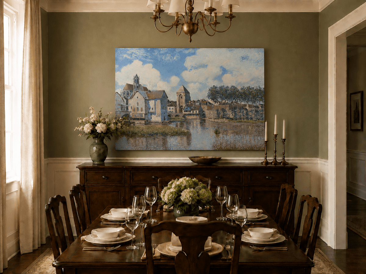 Hand-painted riverside church and bridge landscape artwork in an interior display.