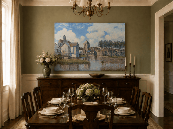 Hand-painted riverside church and bridge landscape artwork in an interior display.
