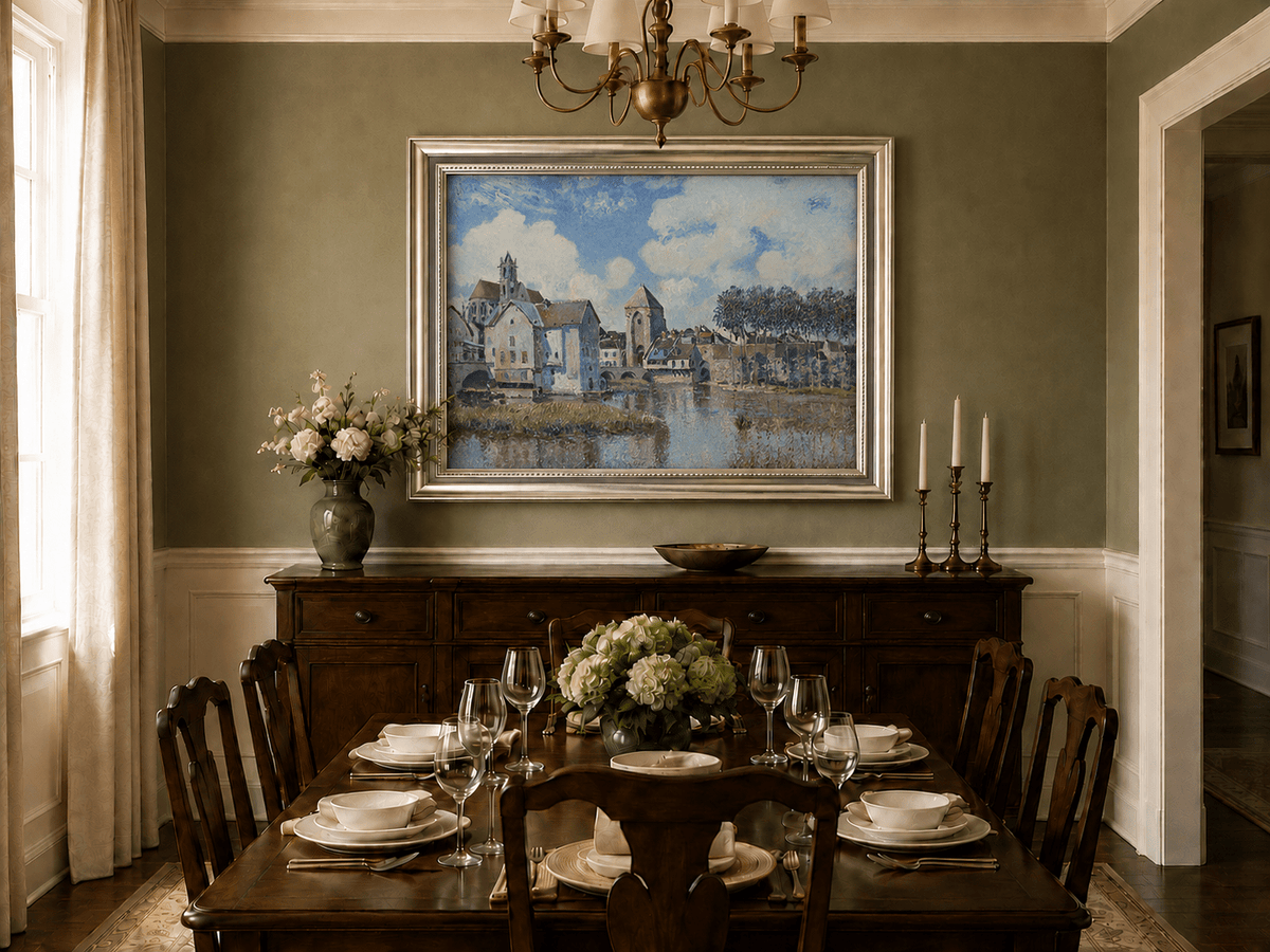 Riverside town and church oil landscape artwork shown in a styled home interior.