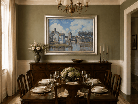 Riverside town and church oil landscape artwork shown in a styled home interior.