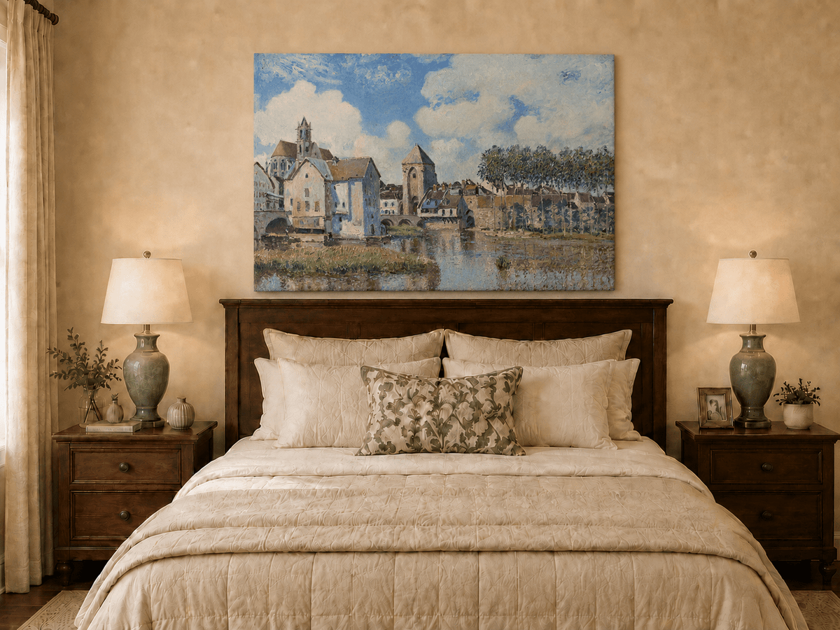 Riverside town and bridge oil painting displayed as landscape wall decor.